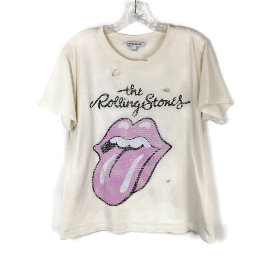 Elizabeth and James The Rolling Stones Distressed Crewneck Tee in Cream